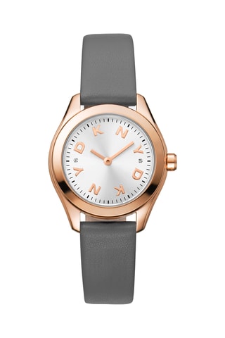 Leren Quartz Horloge Logo - Grijs en Roségoudkleurig