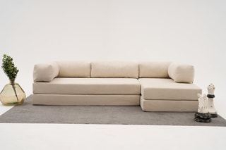 Canapé d’angle convertible Comfort - Ecru - En tissu chenille