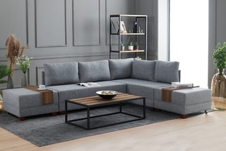 Canapé d'angle droit convertible Fly - Gris et imitation noyer - 4 places