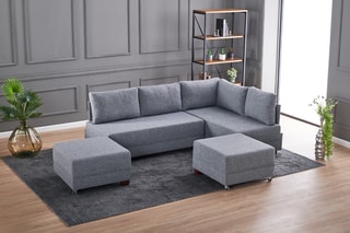 Canapé d'angle droit convertible Fly - Gris et imitation noyer - 4 places