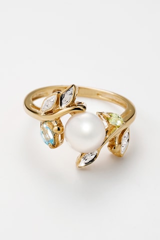 Bague Tosca - Or jaune, diamants, préhnite, topaze et perle de culture