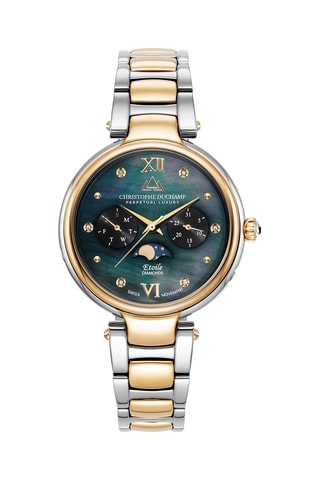 Stalen Quartz Horloge , Diamanten en Parelmoer Etoile - Maanstandweergave.