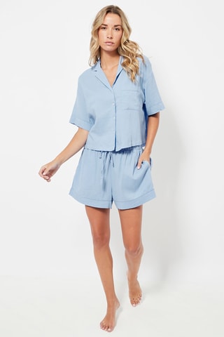 Short de pyjama en lin taille haute - Bleu clair
