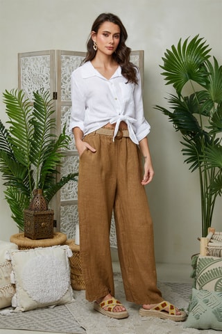 Wijde Broek Hoge Taille - Camel - 100% linnen