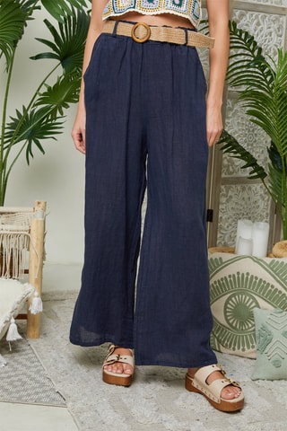 Brede Linnen Broek Hoge Taille - Marineblauw