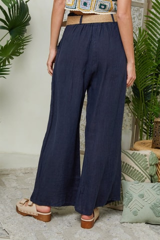 Brede Linnen Broek Hoge Taille - Marineblauw