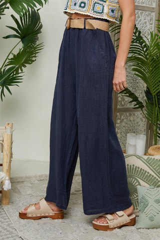 Brede Linnen Broek Hoge Taille - Marineblauw
