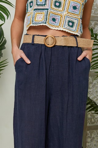 Brede Linnen Broek Hoge Taille - Marineblauw