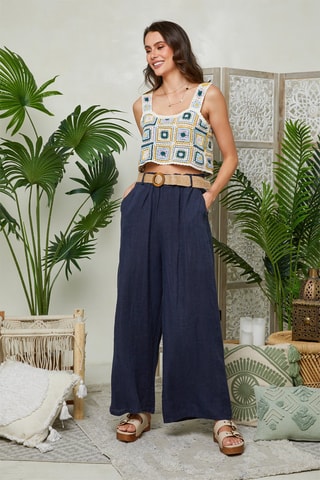 Brede Linnen Broek Hoge Taille - Marineblauw