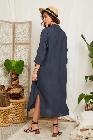 Lange Jurk - Marineblauw - 100% linnen