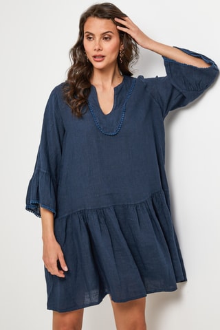Linnen Trapezium Jurk - Marineblauw