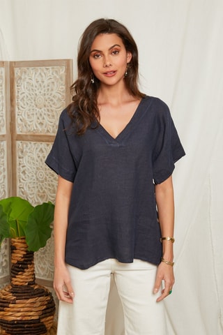Top - Marineblauw - 100% linnen