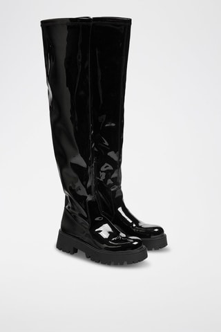 Botas acima do joelho envernizadas com plataforma Preto