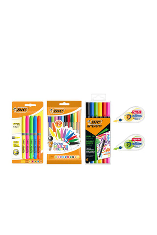 Ensemble Multicolore - 10 stylos-bille, 5 feutre surligneurs, 6 feutres et 2 correcteurs