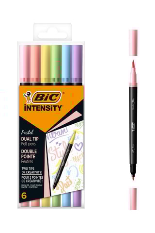 BIC Intensity Dual Tip Stylos Feutres de Coloriage Pastel à Double Pointe Pinceau Flexible et Fine (0,7 mm) - Couleurs Assorties, Pack de 6