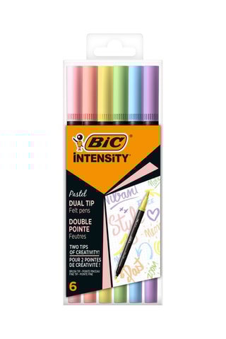 BIC Intensity Dual Tip Stylos Feutres de Coloriage Pastel à Double Pointe Pinceau Flexible et Fine (0,7 mm) - Couleurs Assorties, Pack de 6