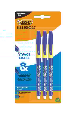 3 Illusion stylos-bille effaçables et rechargeables pointe moyenne - Bleu