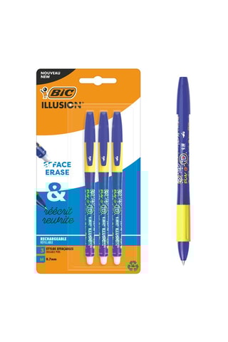 3 Illusion stylos-bille effaçables et rechargeables pointe moyenne - Bleu