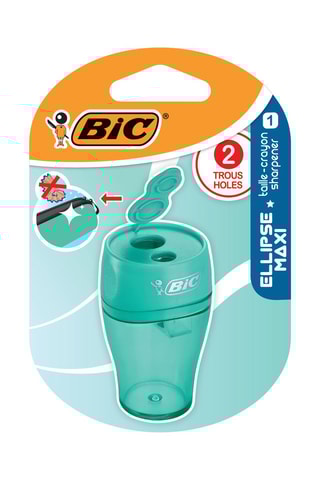 BIC Ellipse Taille-Crayons 2 Trous avec Grand Réservoir - Vert, Bleu ou Corail (Sans Choix Possible), Blister de 1