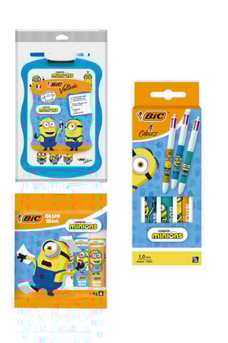 6 tubes de colle, 3 stylos-bille 4 couleurs et 1 ardoise Velleda double-face avec marqueur effaçable et chiffonnette Les Minions