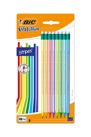 2 x 8 BIC Evolution Stripes avec Gomme Crayons à Papier HB avec Gomme Intégrée - Couleurs Assorties, Blister de 8