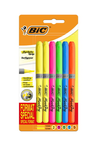 2 x 6 BIC Highlighter Grip Surligneurs Pointe Biseautée - Couleurs Fluo Assorties