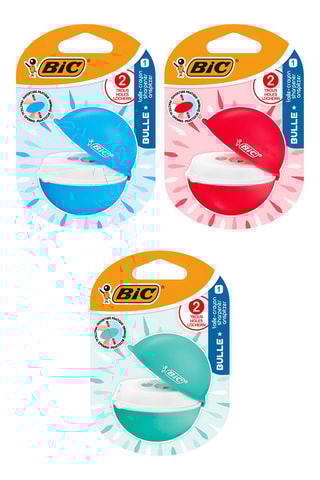 BIC Bulle Taille-Crayons 2 Trous avec Réservoir et Etui Protecteur - Corail, Bleu ou Vert (Sans Choix Possible), Blister de 1