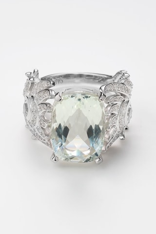Anel Toliara Ouro branco, diamantes e quartzo verde