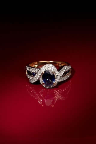 Anel Romblon Ouro amarelo, diamantes e safira