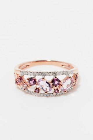Anel Ouro rosa, diamantes, rodolitas e ametistas