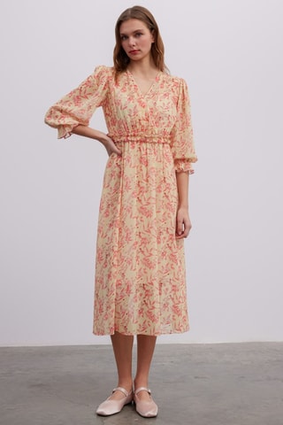 Robe midi - Beige et corail