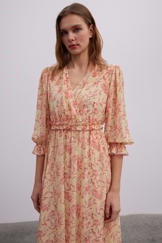 Robe midi - Beige et corail