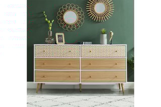 Commode 6 tiroirs Capucine - Blanc et imitation bois