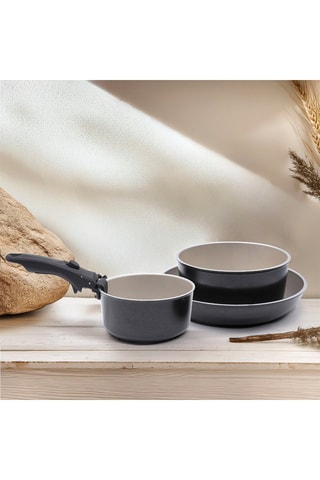 2 Steelpannen en 1 Koekenpan met Antiaanbaklaag en 1 Afneembaar Handvat - 16/18/24 cm - 1,17/1,72/1,5 l
