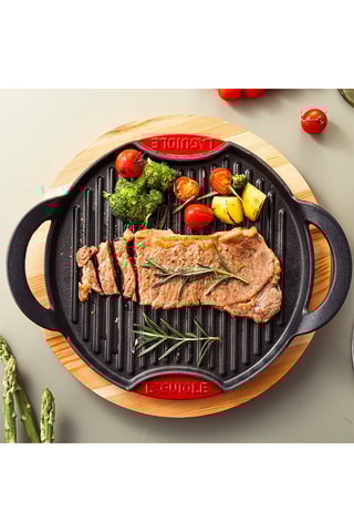 Geëmailleerd Gietijzeren Rond Grillrooster met Houten Staander - 28 cm