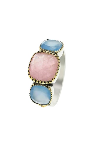 Bague - Argent, argent plaqué or jaune, quartz rose et calcédoine