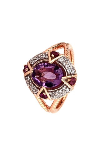 Bague - Argent plaqué or rose et améthystes