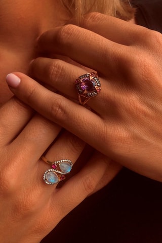 Bague - Argent plaqué or rose et améthystes