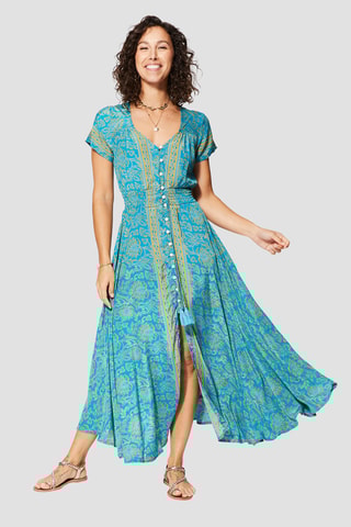 Robe longue - Turquoise et jaune