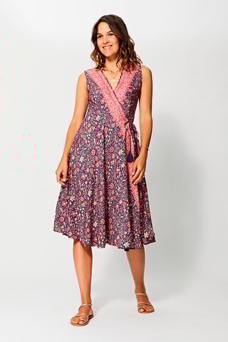 Robe midi portefeuille 
Bleu marine et rose