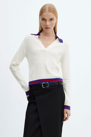 Pull-over maille col polo - Blanc cassé