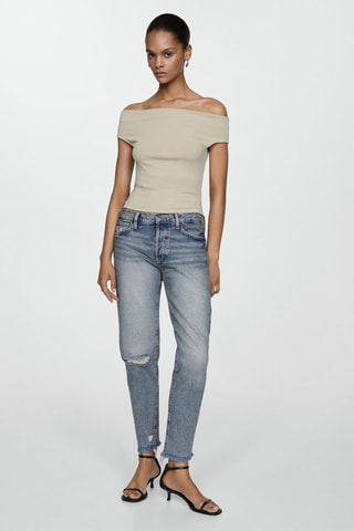Jean girlfriend taille basse déchiré - Bleu vintage