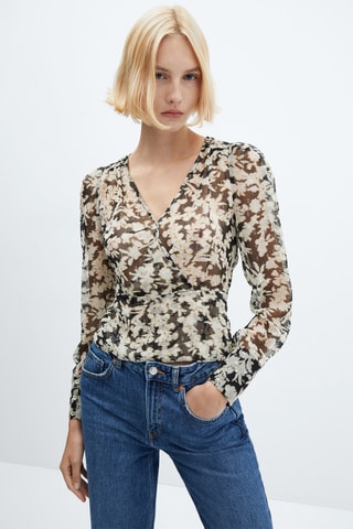 Blouse cache-cœur en imprimé fleuri - Noir et blanc