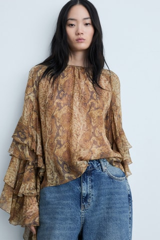 Blouse volants en imprimé serpent - Marron