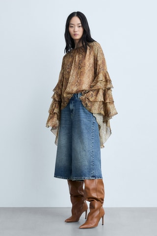 Blouse volants en imprimé serpent - Marron