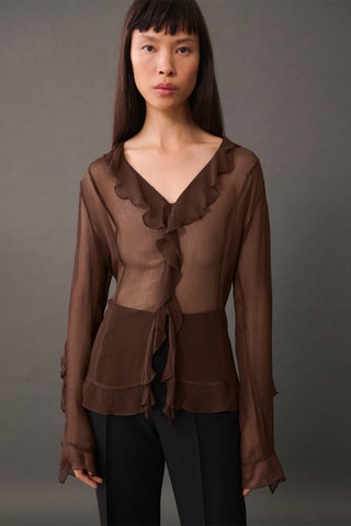 Blouse semi-transparente volants - Marron