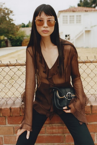 Blouse semi-transparente volants - Marron