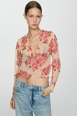 Blouse cache-cœur en imprimé fleuri - Beige et rose