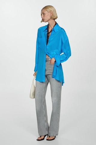 Chemise longue satinée fermeture asymétrique - Bleu