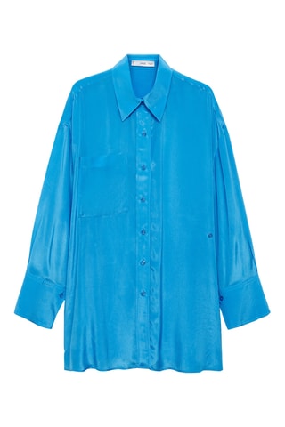 Chemise longue satinée fermeture asymétrique - Bleu